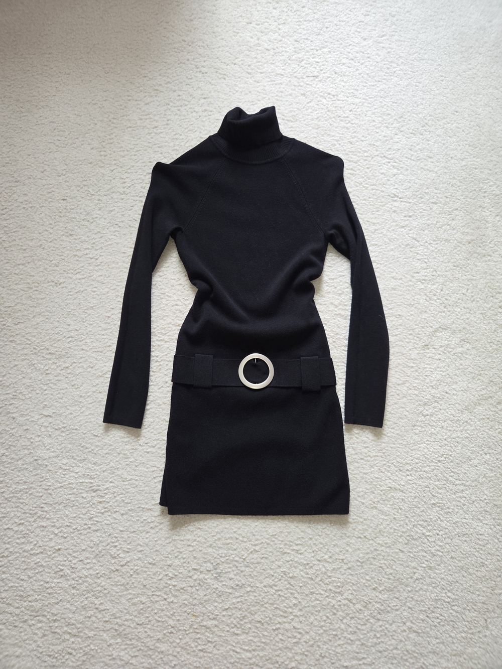 Black Turtleneck Long Sleeve Sweater Dress with Ring Belt